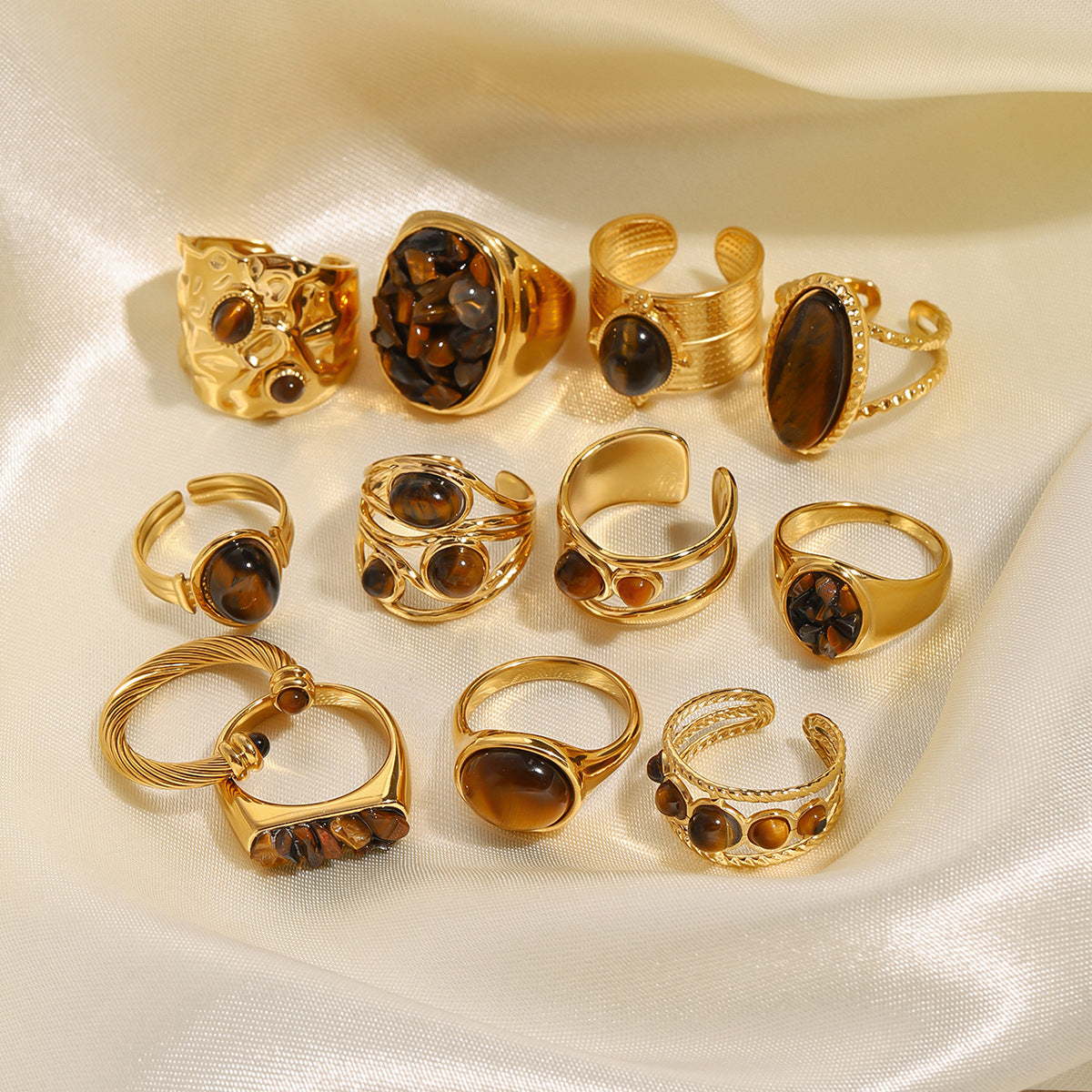 Tiger Eye Gold Ring Set - Multi-Style Boho Statement Rings for Women