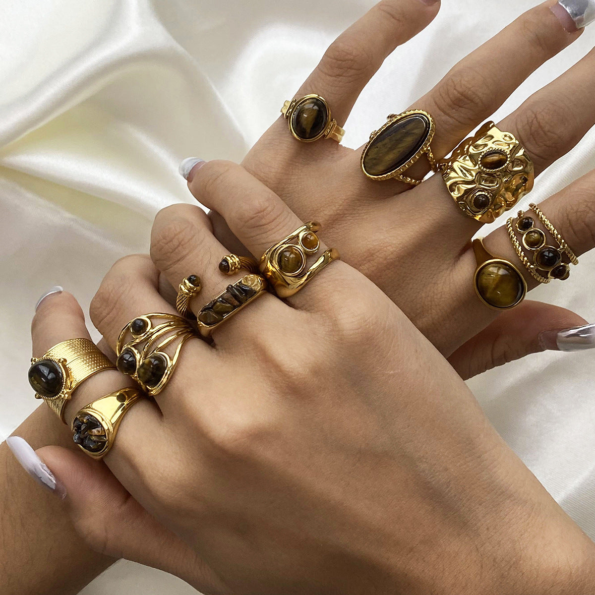Tiger Eye Gold Ring Set - Multi-Style Boho Statement Rings for Women