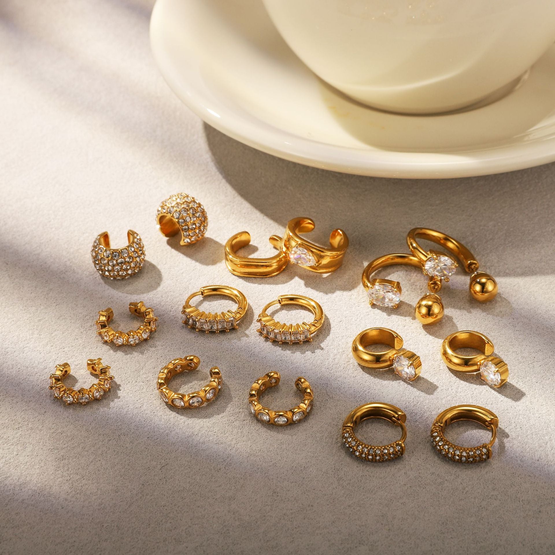 Gold Multi-Style Stackable Hoop Earring Set - CZ-Accented Textured Statement Jewelry for Women