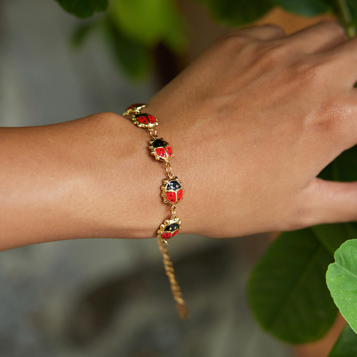Gold Enamel Ladybug Animal Bracelet Set - Vintage Multi-Style Stackable Charm Bracelets for Women