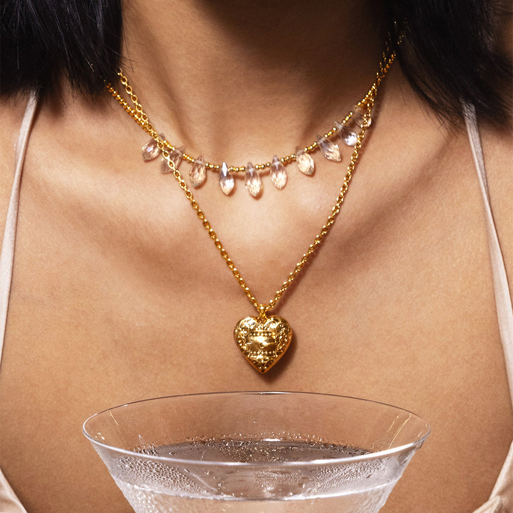 Gold Multi-Style Heart Pendant Necklace Set - CZ Gem Pearl Chain Statement Jewelry for Women