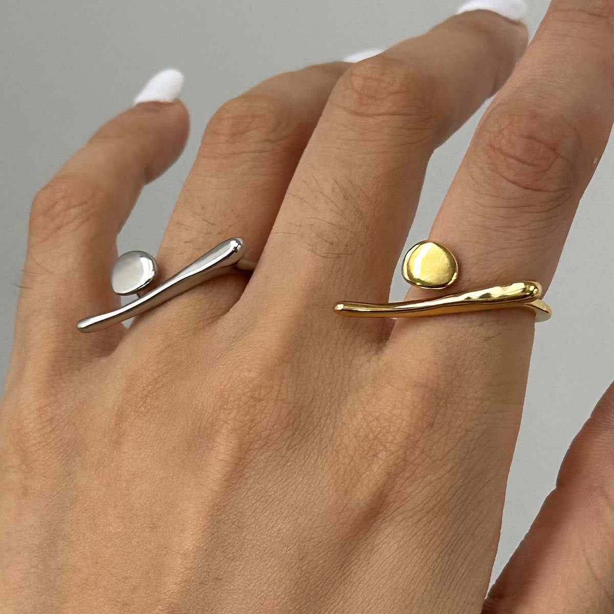 Minimalist Streamline Dot Open Rings Set - Gold/Silver Modern Sleek Statement Rings | Adjustable Daily Casual Jewelry for Women