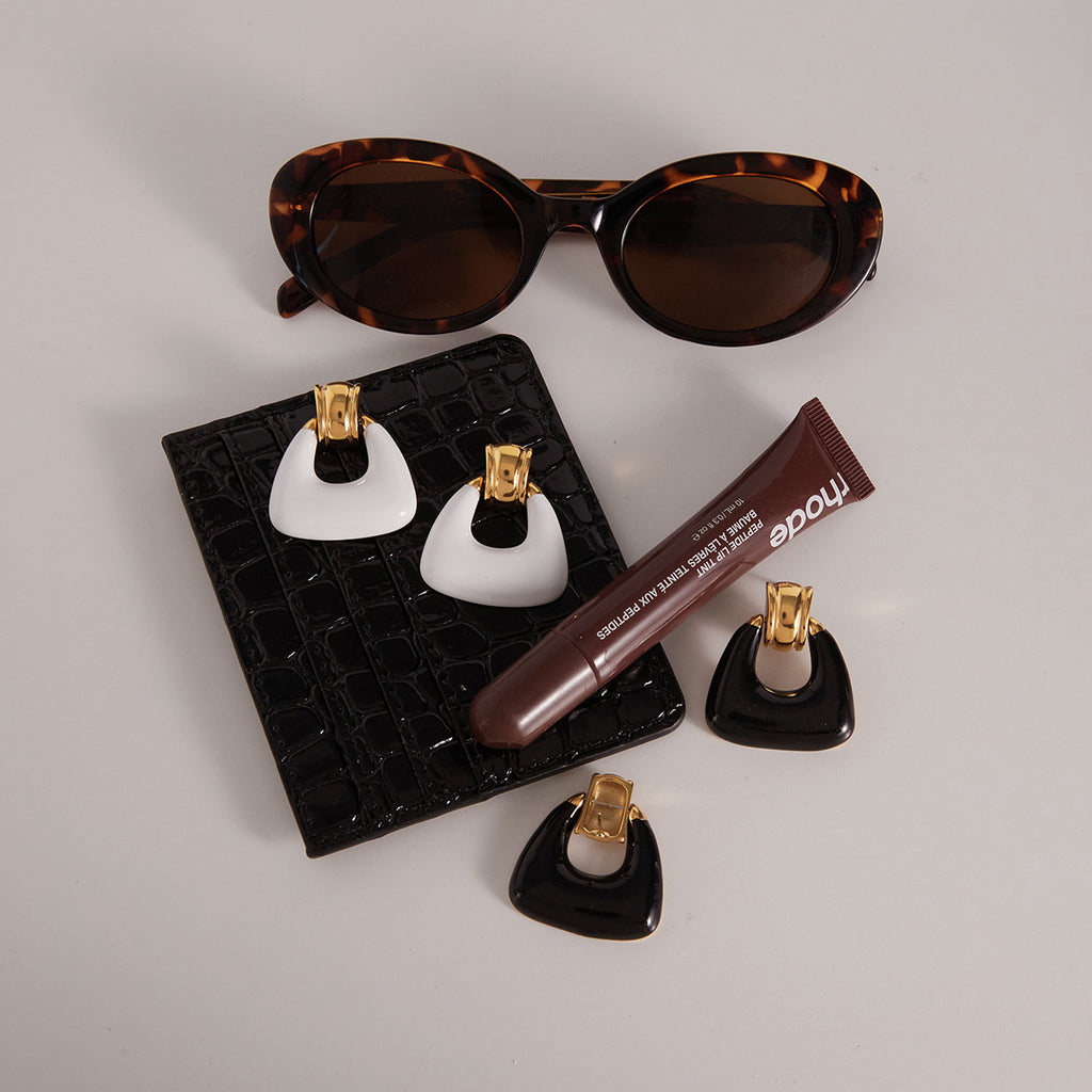 Gold Plated Geometric Statement Earrings - Black White Resin Vintage Bold Jewelry for Women