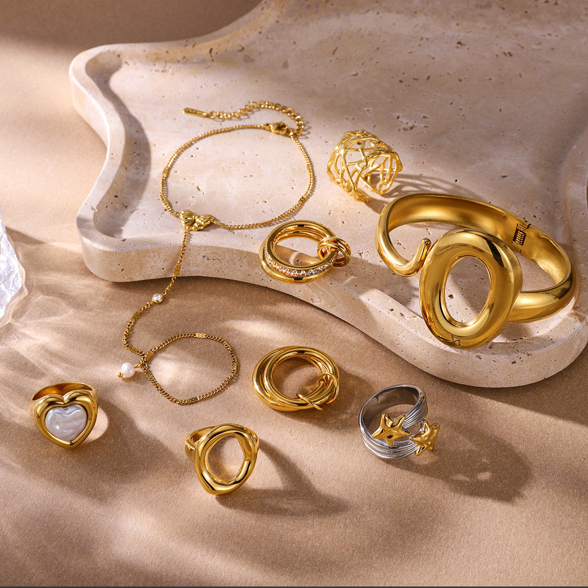 Gold Silver Stackable Ring & Bracelet Set - Vintage Multi-Style Statement Jewelry with Pearl & Geometric Designs for Women