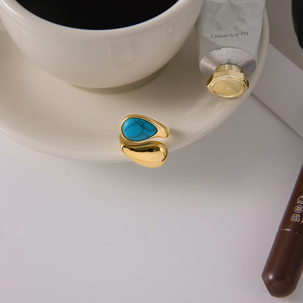 Gold Evil Eye Teardrop Ring Set - Turquoise/Pearl/Tiger Eye/Abalone Shell Stackable Statement Jewelry for Women