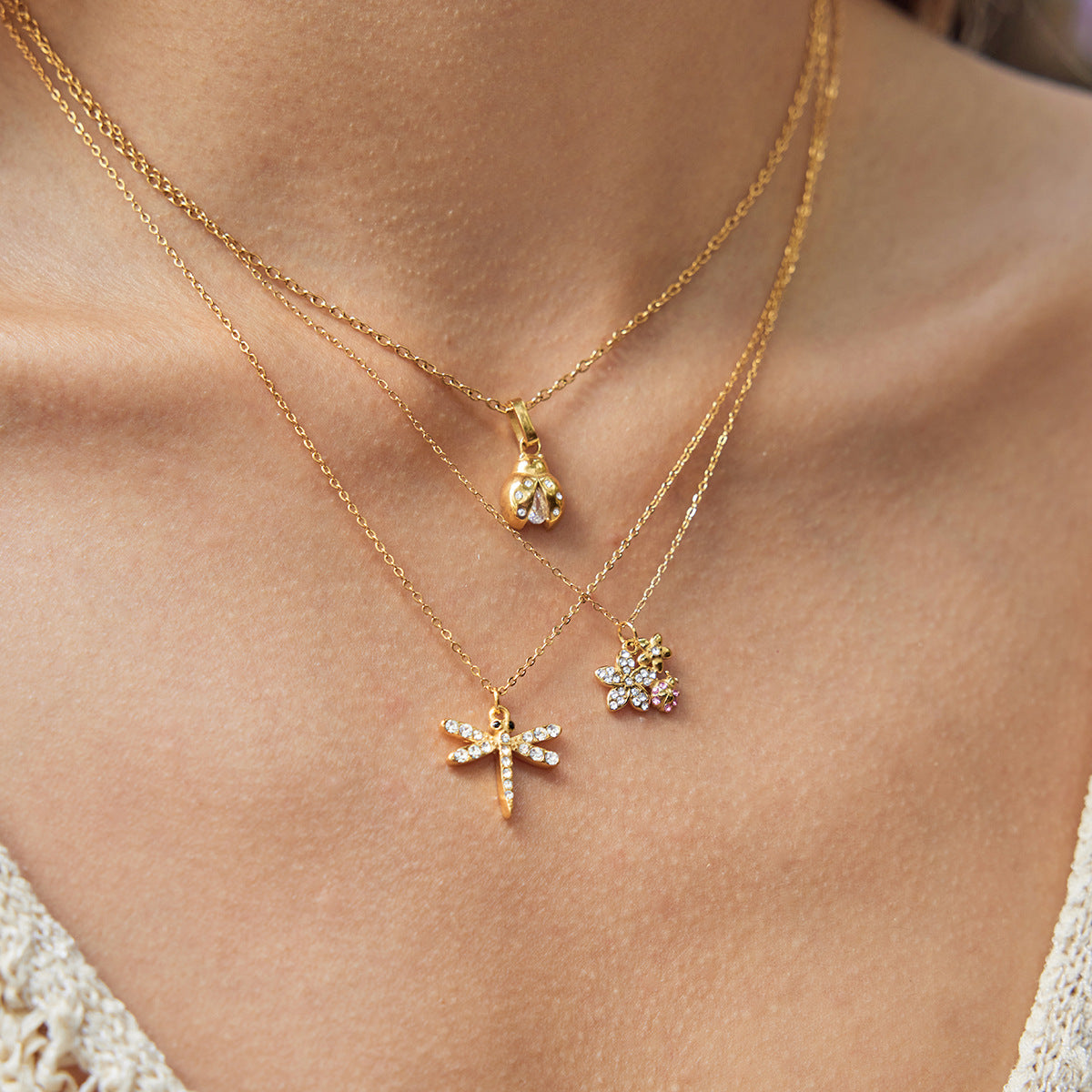 Gold Layered Insect Pendant Necklace Set - CZ Ladybug Dragonfly Statement Jewelry for Women