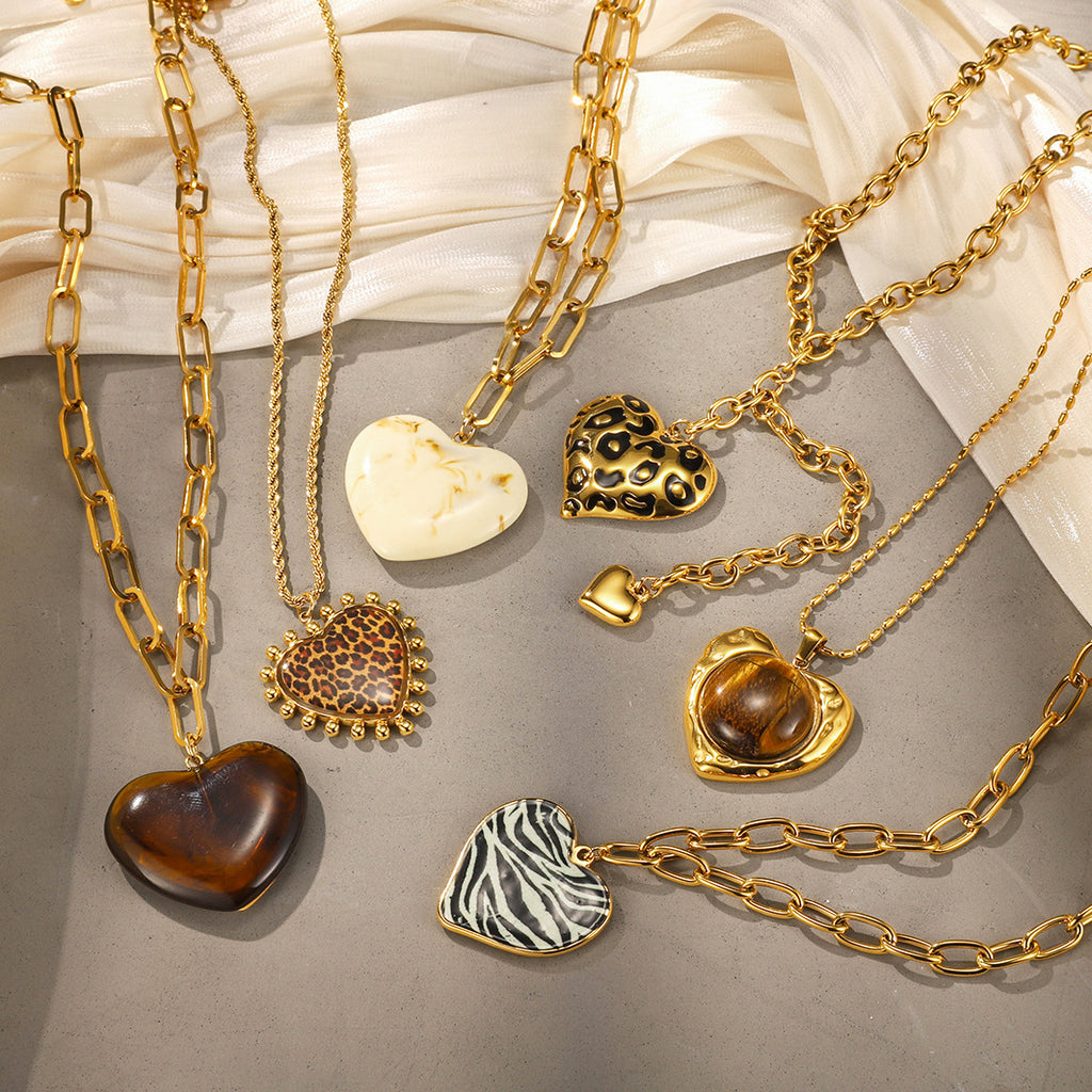 Gold Animal Print Heart Pendant Necklace Set - Marble Tiger Eye Statement Jewelry for Women