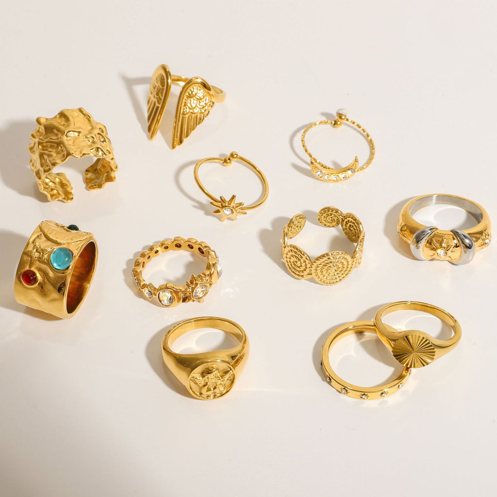 Vintage Artistic Gold Ring Set - Multi-Style Statement Rings with Gemstone & Textured Designs for Women