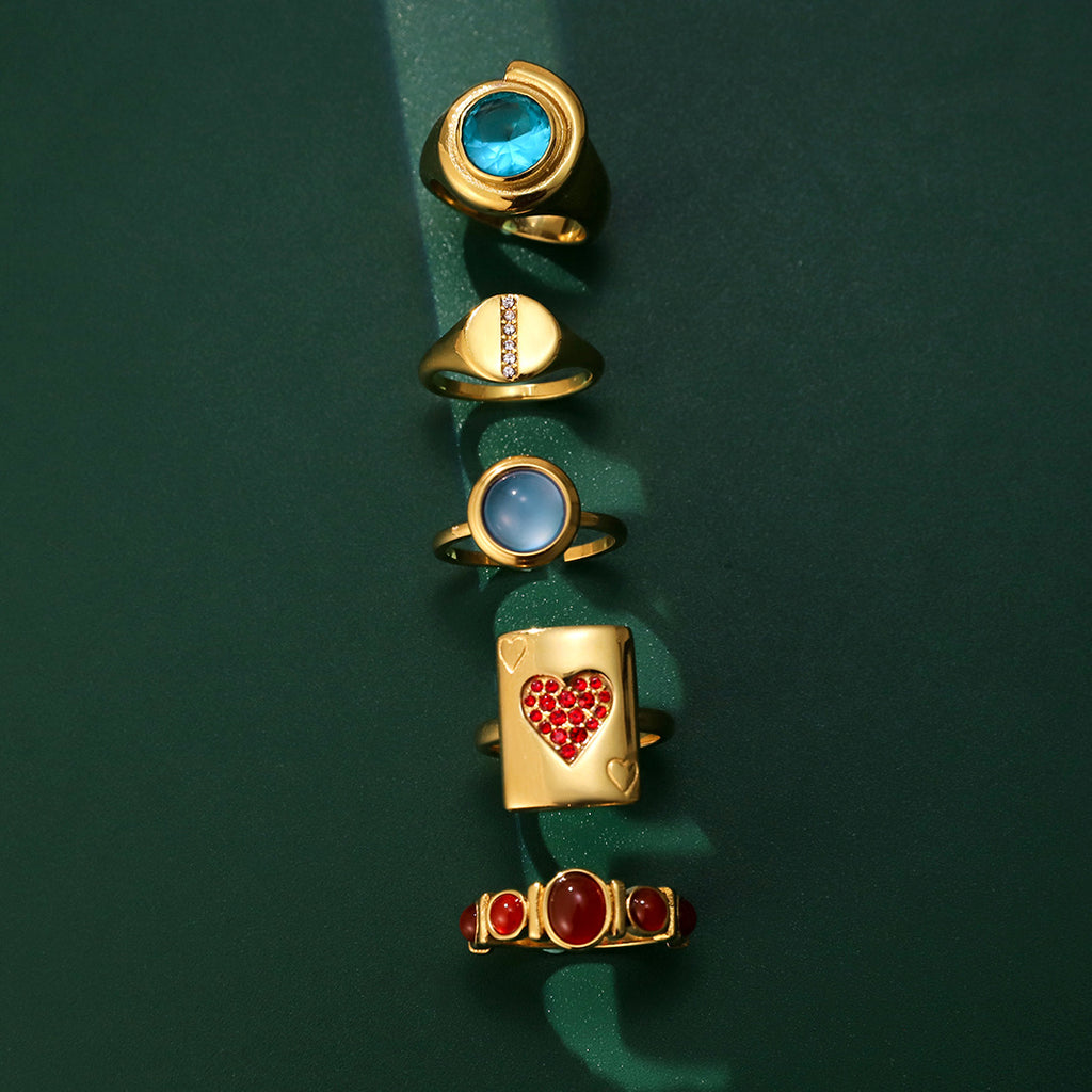 Artistic Gold Ring Set - Multi-Style Vintage Statement Rings with Gemstones & Poker Design for Women