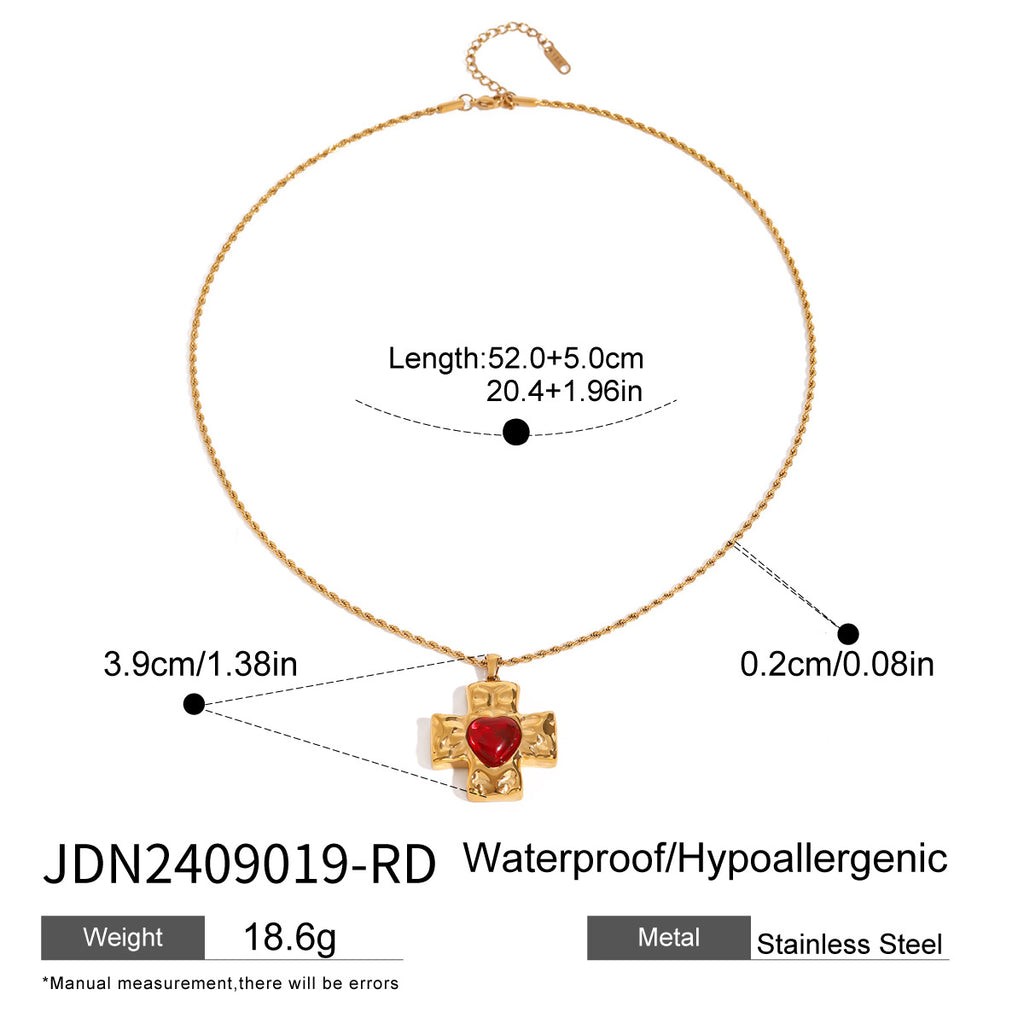 Gold Multi-Design Necklace Set - Cross & Heart Pendants with Carnelian/Colored Gems (Metal/Leather Cord) Statement Jewelry for Women