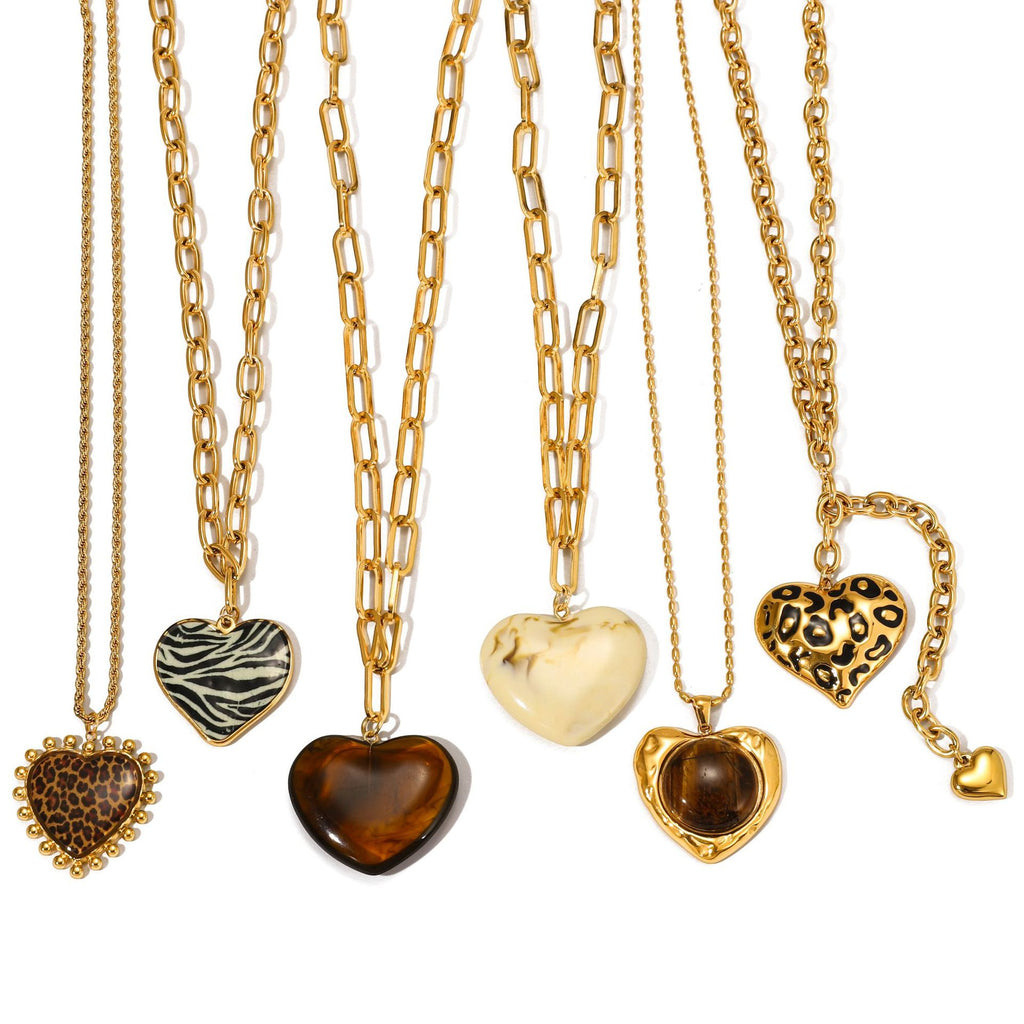 Gold Animal Print Heart Pendant Necklace Set - Marble Tiger Eye Statement Jewelry for Women