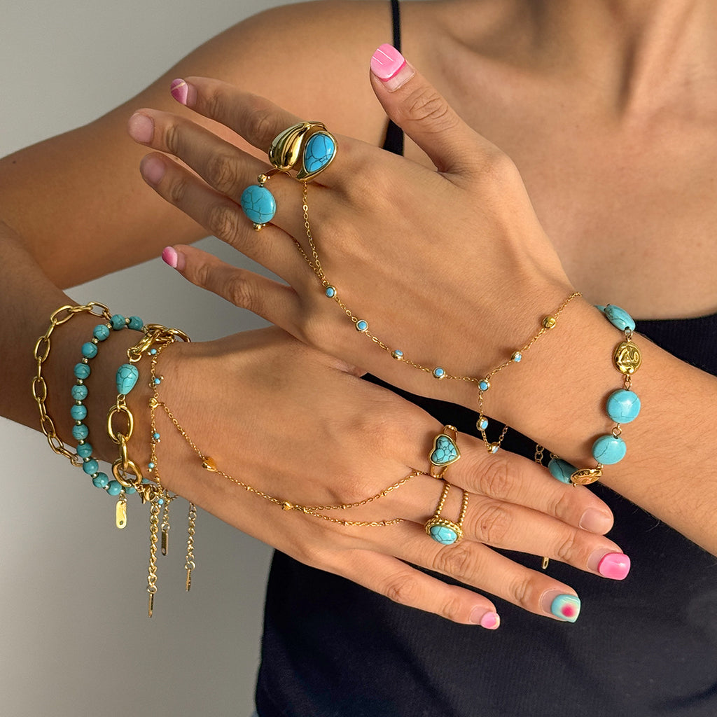 Turquoise & Gold Layered Boho Jewelry Set - Multi-Strand Bracelets (Chain/Beaded) & Statement Rings | Summer Casual Accessories for Women