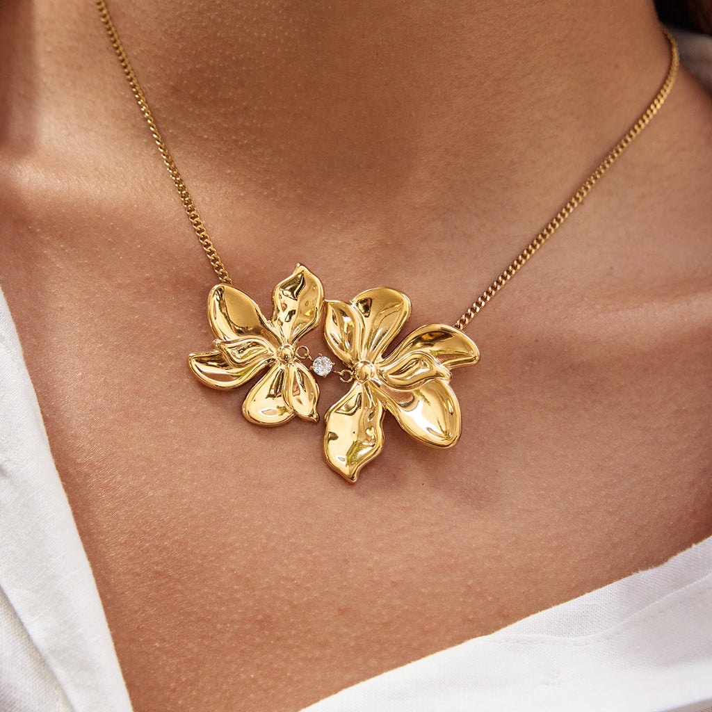 Gold Double Flower Pendant Necklace - CZ-Accented Bold Statement Jewelry for Women