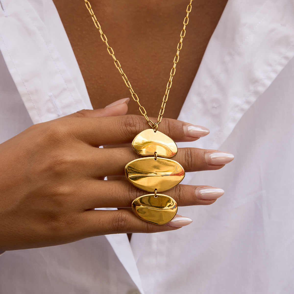 Gold Plated Three-Tiered Pebble-Shaped Drop Earrings - Bold Minimalist Statement Jewelry for Women