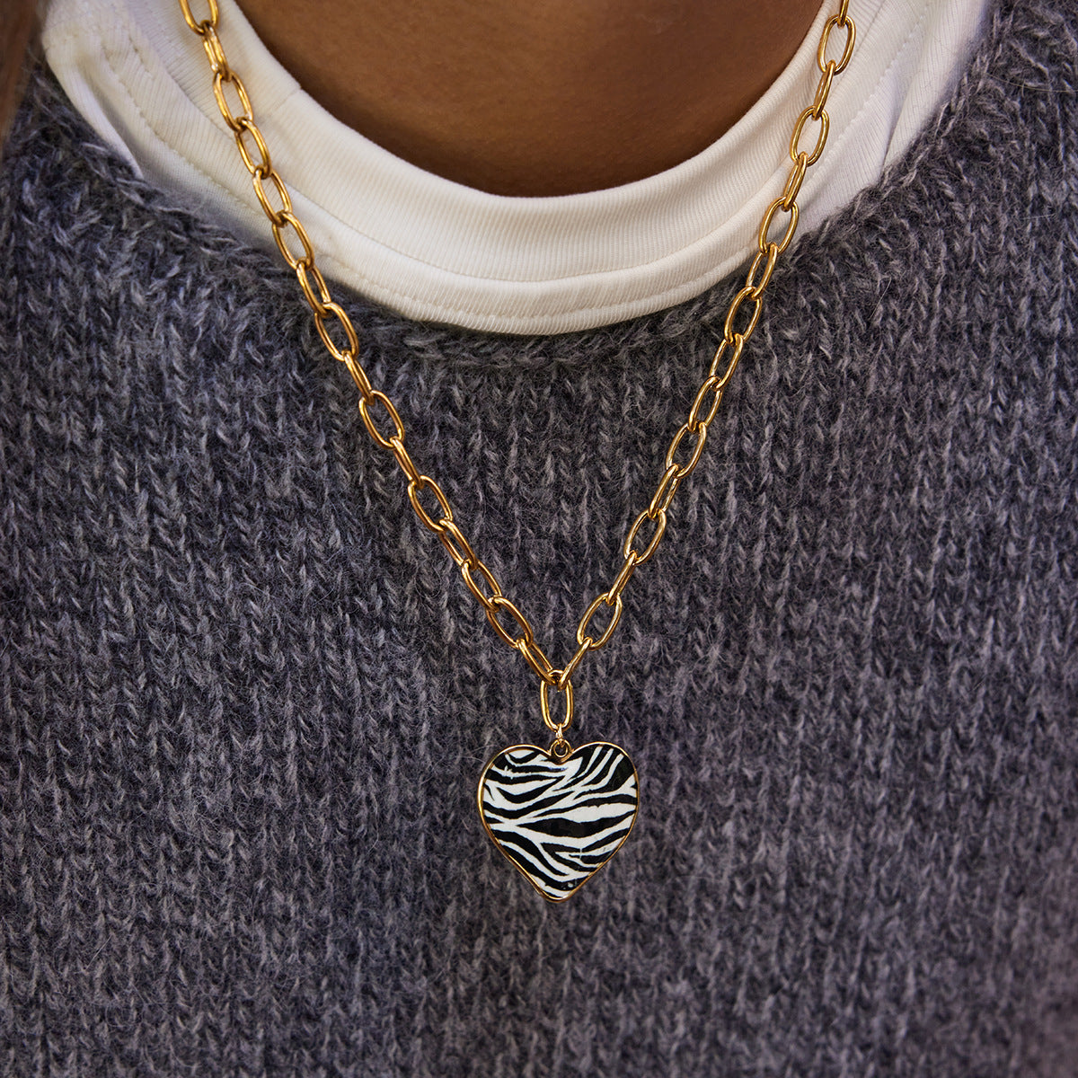 Gold Animal Print Heart Pendant Necklace Set - Marble Tiger Eye Statement Jewelry for Women