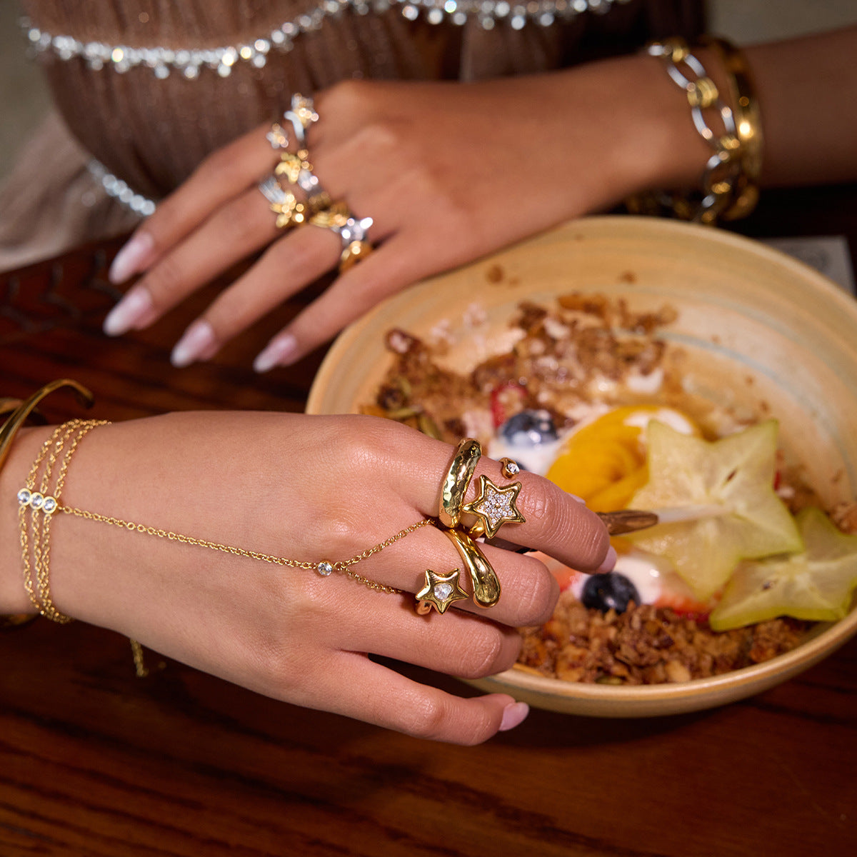 Gold & Silver Star Ring Set - Rhinestone-Accented Stackable Rings | Adjustable Open/Close Band Statement Jewelry for Women