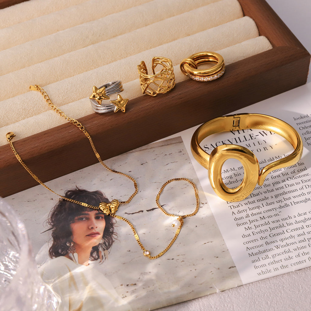 Gold Silver Stackable Ring & Bracelet Set - Vintage Multi-Style Statement Jewelry with Pearl & Geometric Designs for Women