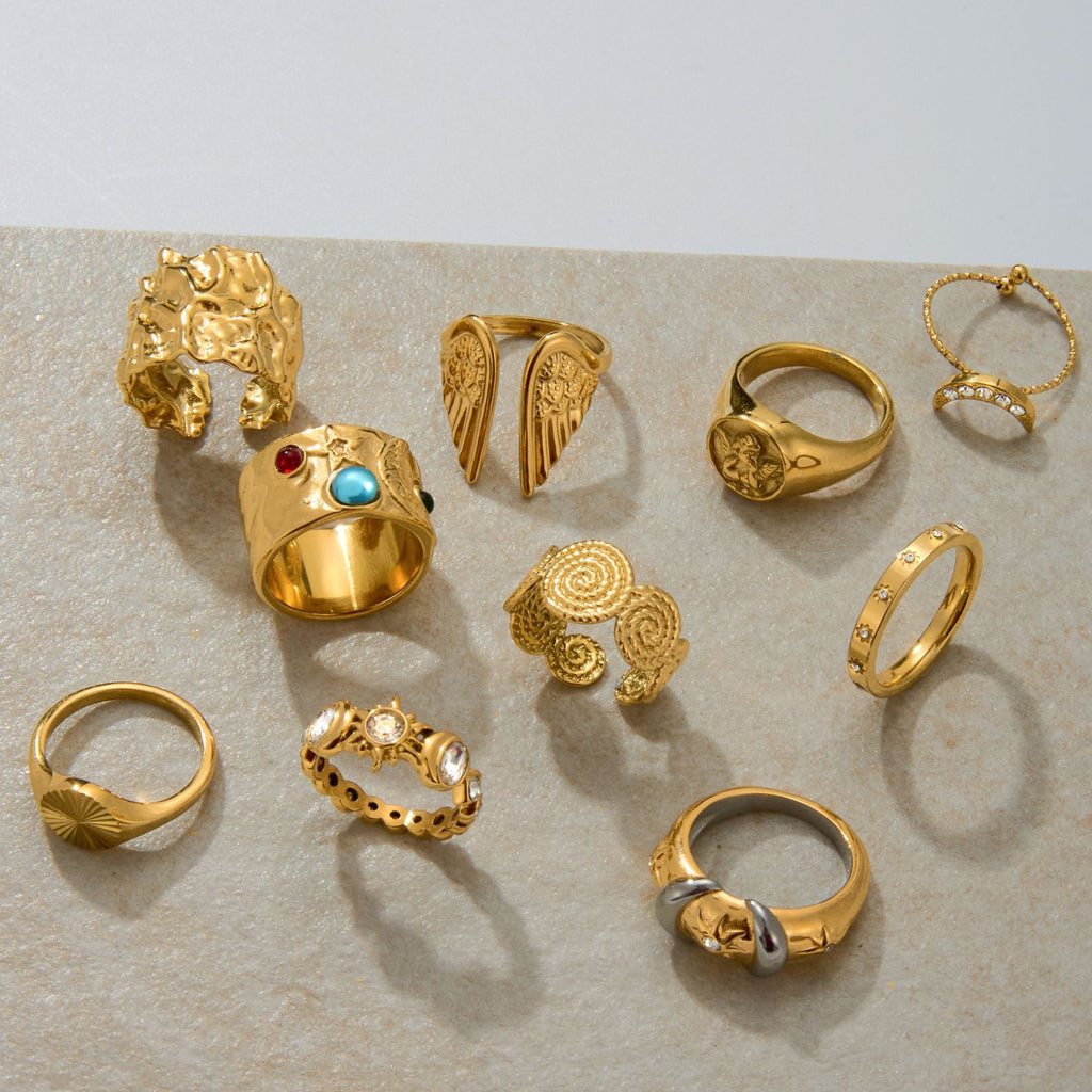 Vintage Artistic Gold Ring Set - Multi-Style Statement Rings with Gemstone & Textured Designs for Women