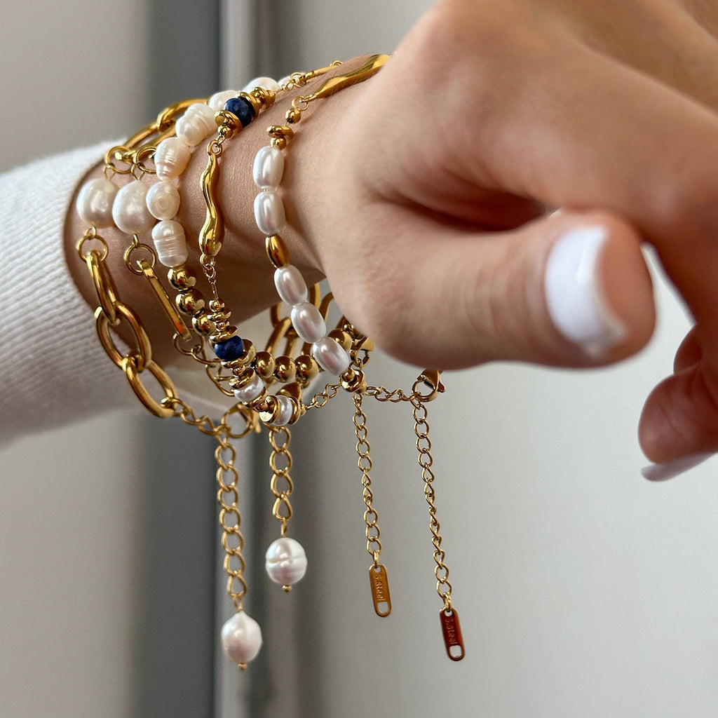 Baroque Pearl & Gold-Plated Stackable Bracelet Set | Lapis Lazuli Accent Chain Bracelets | Vintage Elegant INS-Style Jewelry for Women | Assorted Chunky & Dainty Designs for Daily Wear & Party Stacking