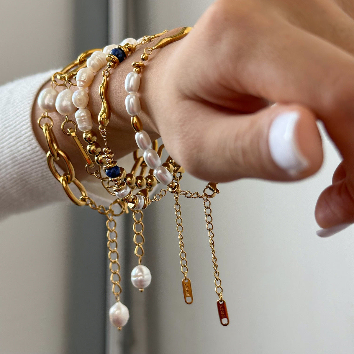 Baroque Pearl & Gold-Plated Stackable Bracelet Set | Lapis Lazuli Accent Chain Bracelets | Vintage Elegant INS-Style Jewelry for Women | Assorted Chunky & Dainty Designs for Daily Wear & Party Stacking