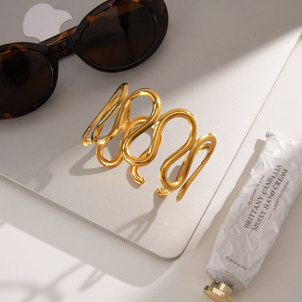Gold Plated Wave Geometric Cuff Bracelet - Bold Statement Jewelry for Women