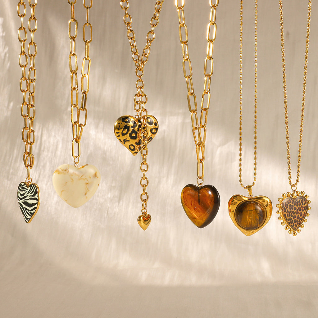 Gold Animal Print Heart Pendant Necklace Set - Marble Tiger Eye Statement Jewelry for Women