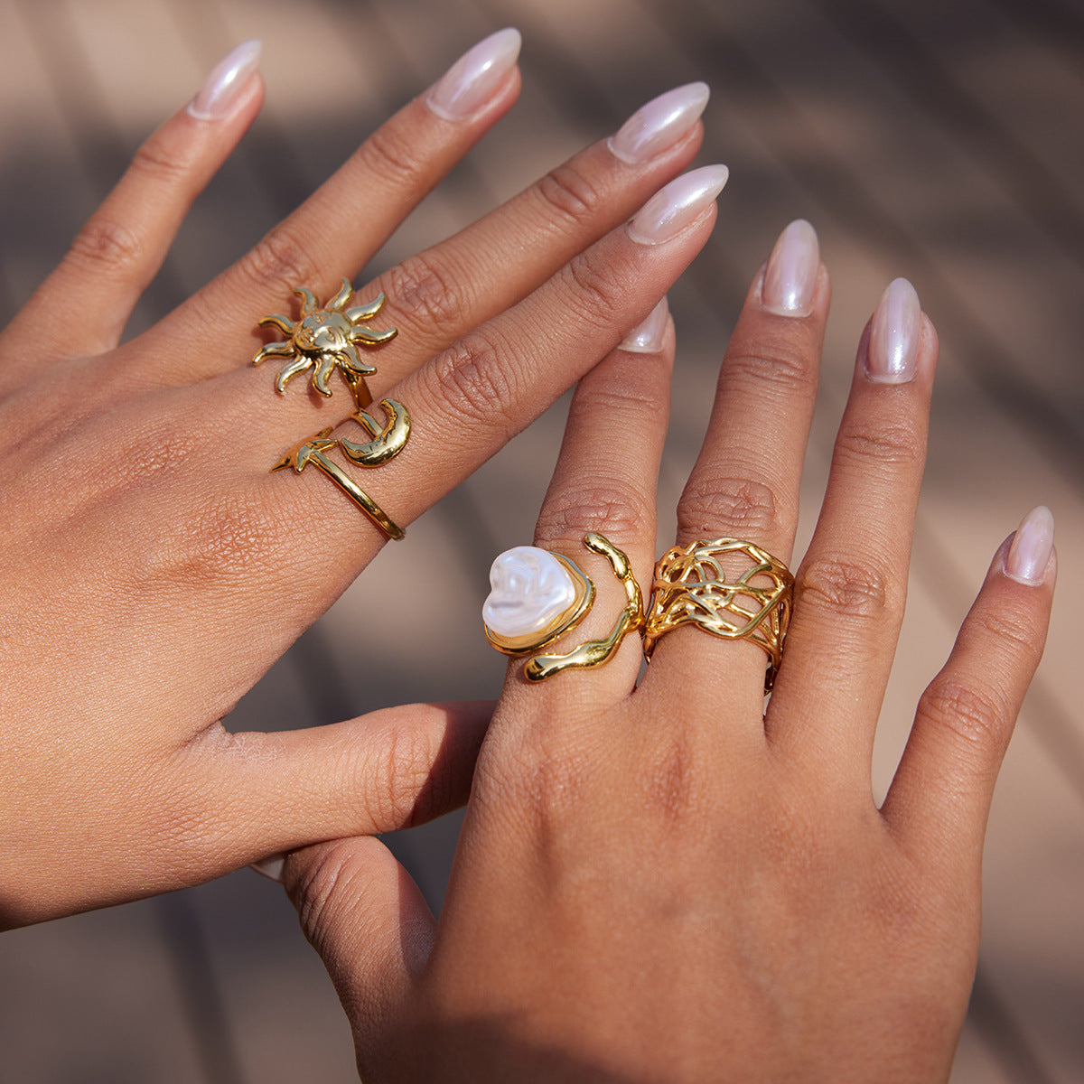Gold Celestial Stackable Ring Set - Pearl Moon Sun Statement Jewelry for Women