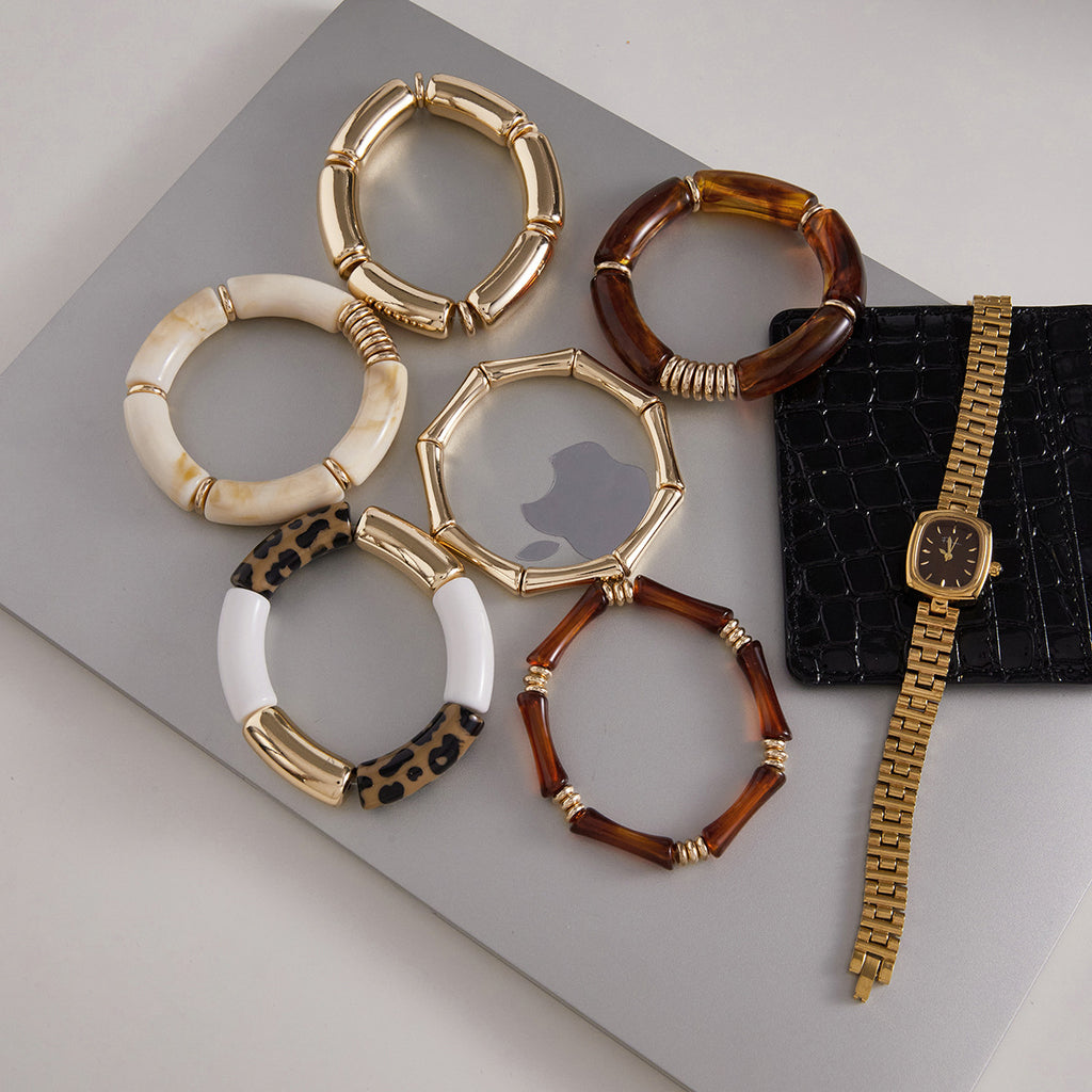Maillard Color Scheme Stackable Bracelet Set | Acrylic & Gold-Tone Metal Vintage Trendy Bracelets | Assorted Leopard Print & Solid Design Chunky Cuff Bracelets for Women | Fashion Daily Wear & Party Stacking Jewelry
