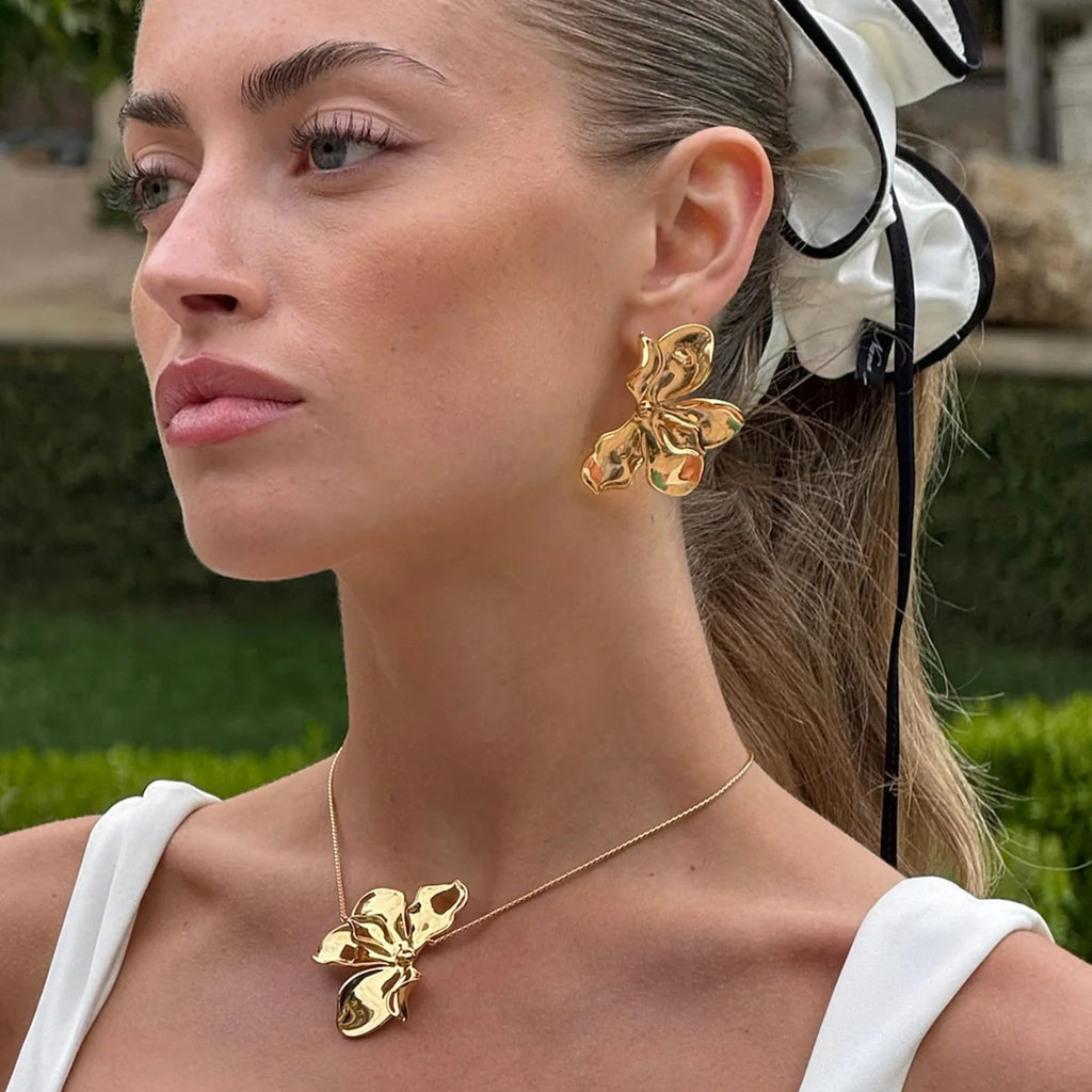 Gold Orchid Floral Statement Jewelry Set - Bold Sculpted Earrings & Ring for Women