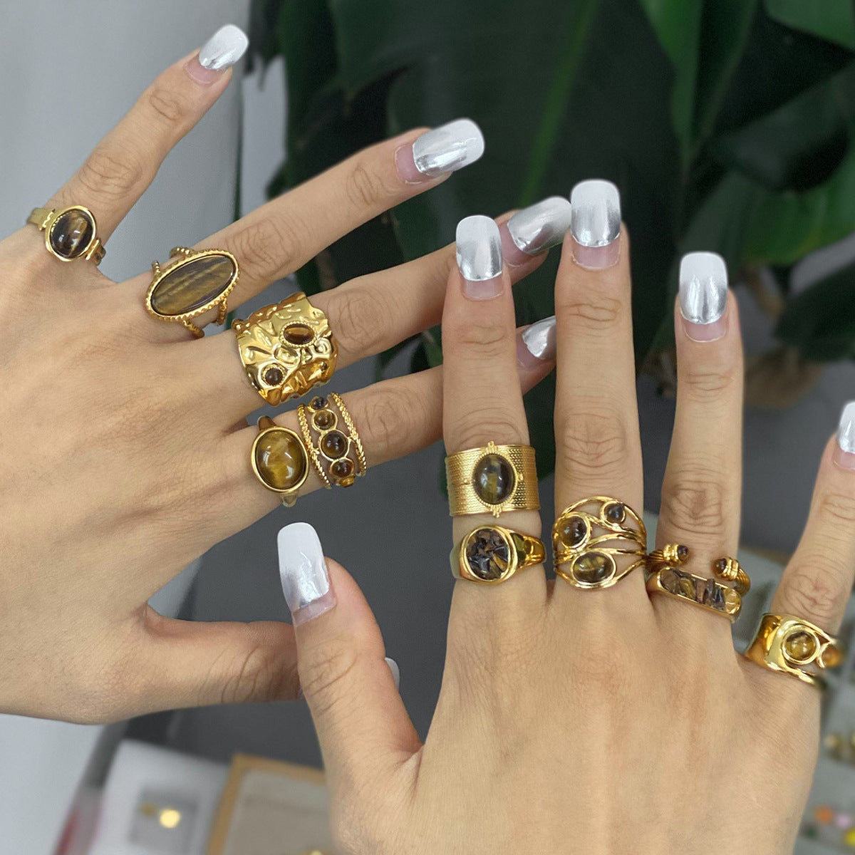 Tiger Eye Gold Ring Set - Multi-Style Boho Statement Rings for Women