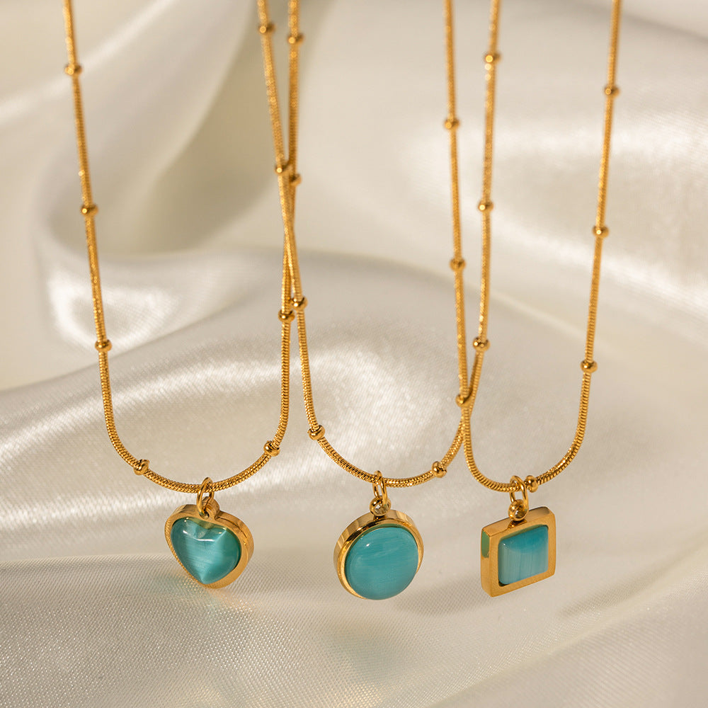 Gold Layered Turquoise Pendant Necklace Set - Heart/Circle/Square Gem Statement Jewelry for Women