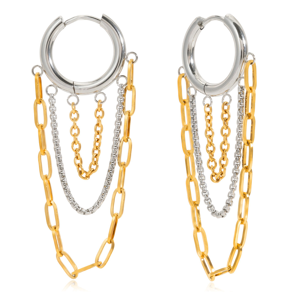 18K Gold-Plated Stainless Steel 2-Tone (Gold & Silver) Chain Fringe Oversized Hoop Earrings | Trendy INS-Style Statement Jewelry for Women | Bold Chic Fringe Hoop Earrings for Daily Wear & Party Outfits