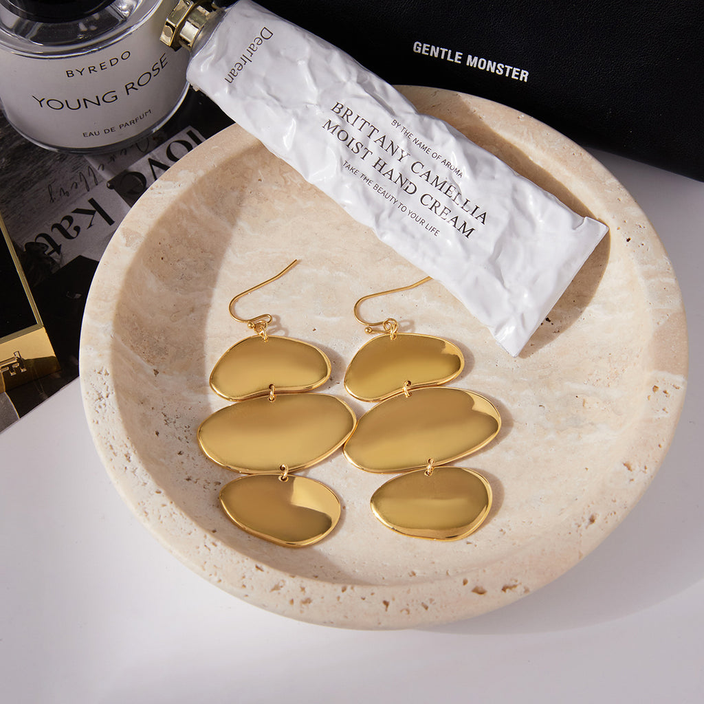 Gold Plated Three-Tiered Pebble-Shaped Drop Earrings - Bold Minimalist Statement Jewelry for Women