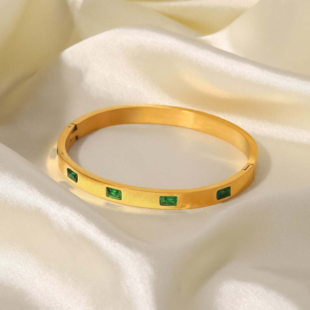 18K Gold-Plated Stainless Steel Stackable Bracelets Set | Trendy Emerald-Studded, CZ-Encrusted & Link Design Luxury Jewelry | Fashionable Daily Wear & Party Stacking Bracelets for Women