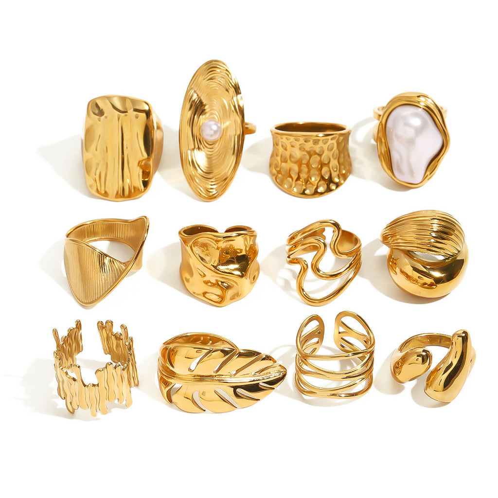 Artistic Gold Ring Set - Multi-Style Sculptural & Pearl Stackable Rings for Women