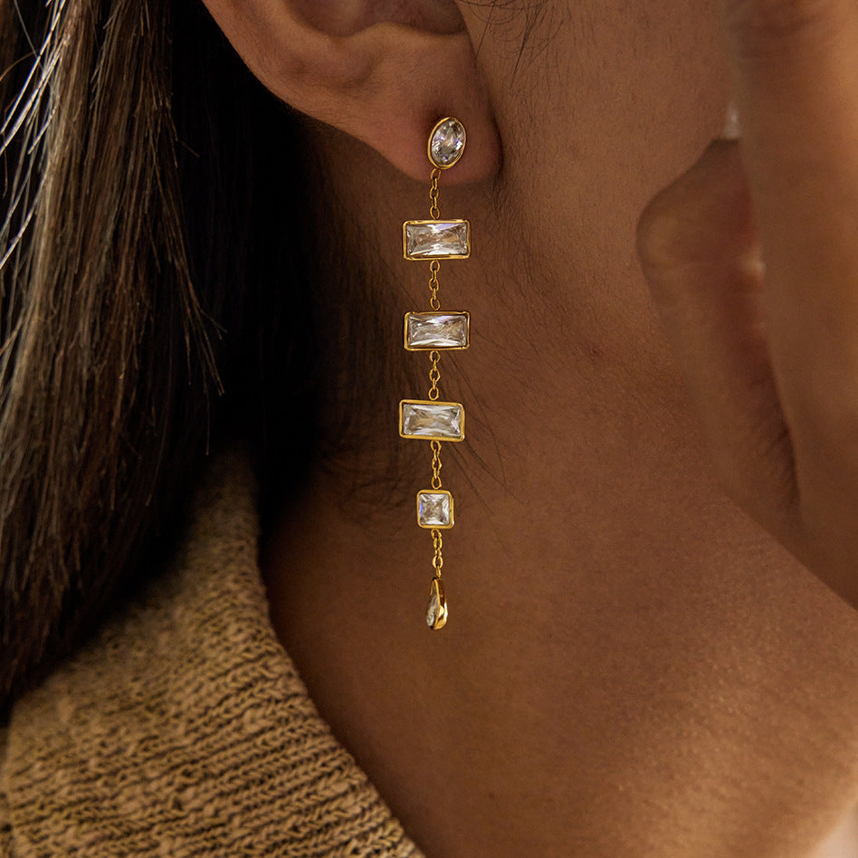 Gold Plated Multi-Shaped Clear Gem Long Drop Earrings - Rectangle/Drop Statement Jewelry for Women