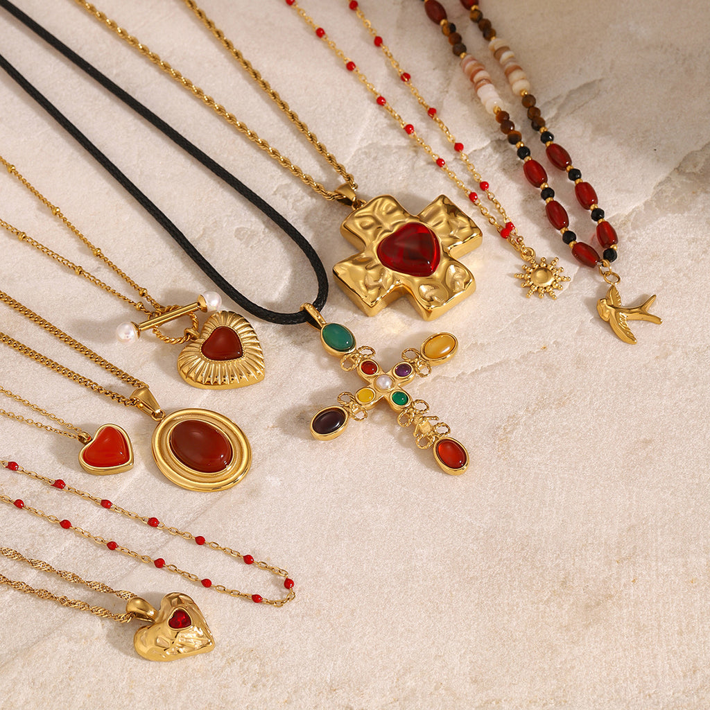 Gold Multi-Design Necklace Set - Cross & Heart Pendants with Carnelian/Colored Gems (Metal/Leather Cord) Statement Jewelry for Women