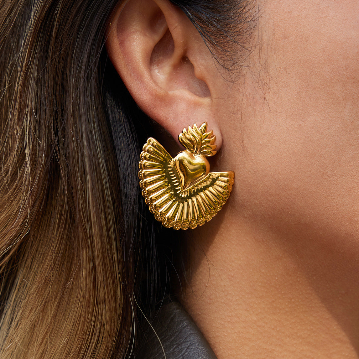 Artistic Golden Sacred Heart Statement Earrings - Vintage-Inspired Bold Jewelry for Women
