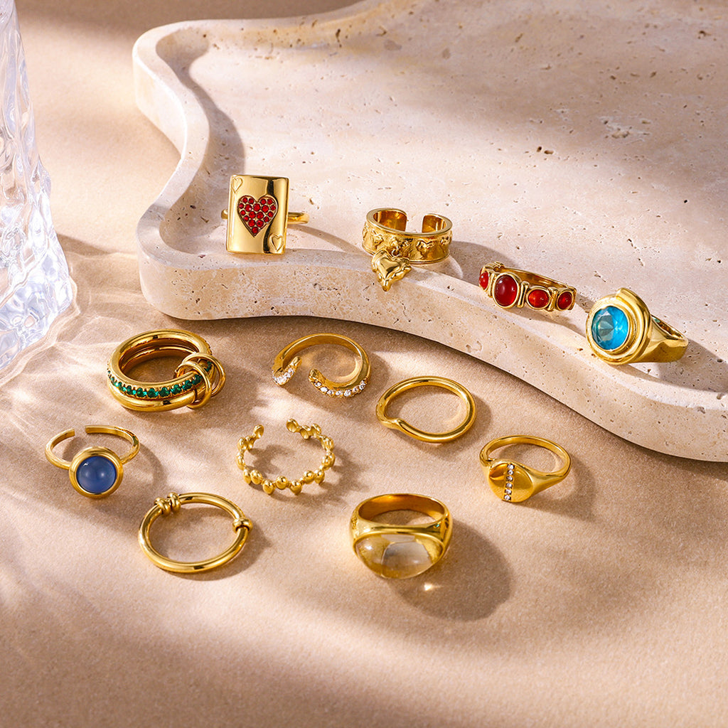 Artistic Gold Ring Set - Multi-Style Vintage Statement Rings with Gemstones & Poker Design for Women