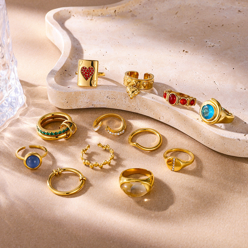 Artistic Gold Ring Set - Multi-Style Vintage Statement Rings with Gemstones & Poker Design for Women