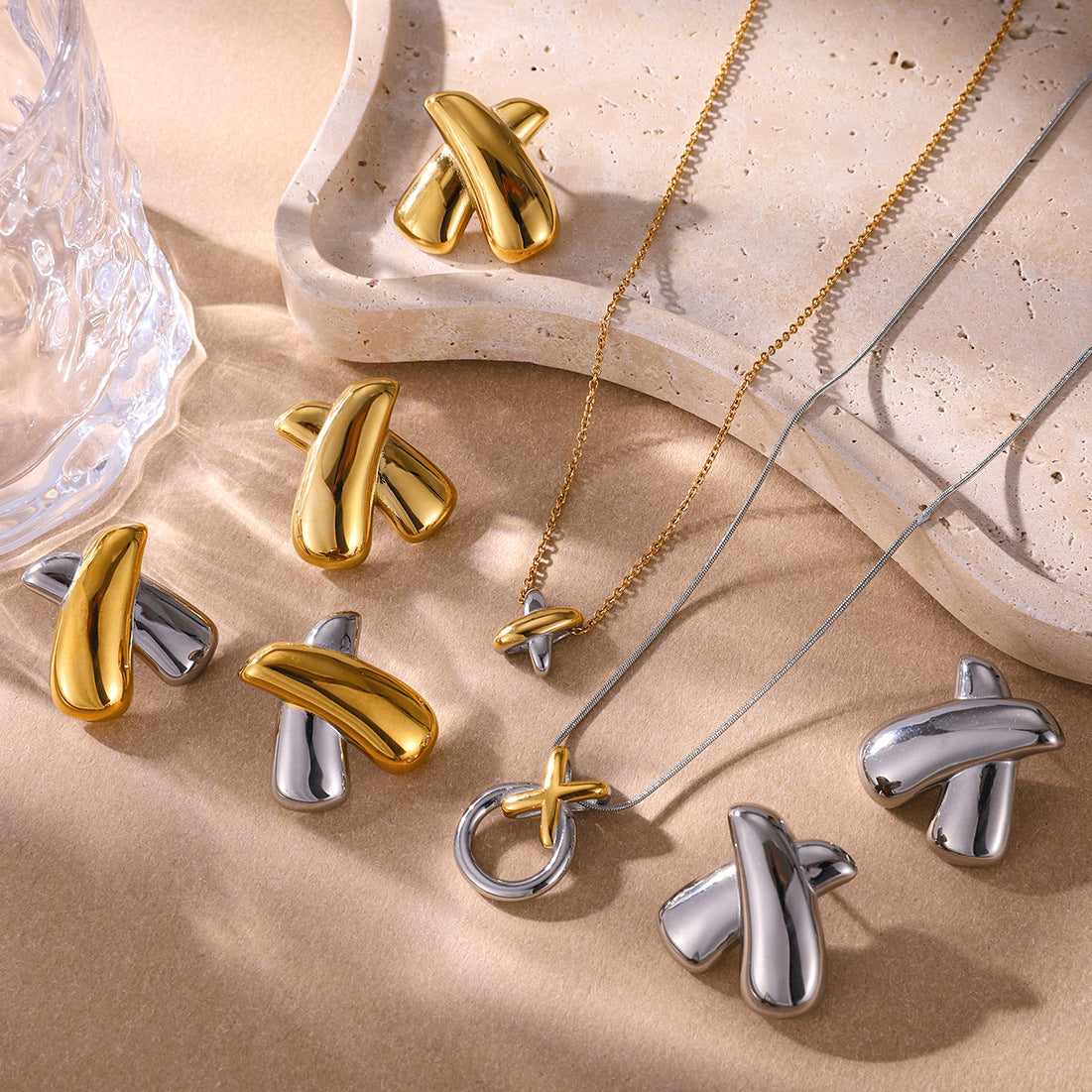 Two-Tone X-Cross Statement Jewelry Set - Gold Silver Minimalist Necklaces & Earrings for Women