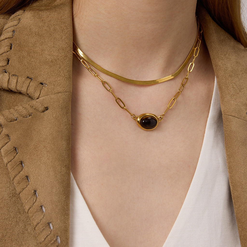 Gold Link Chain Choker Necklace with Oval Tiger Eye Gem Pendant - Elegant Minimalist Statement Jewelry for Women