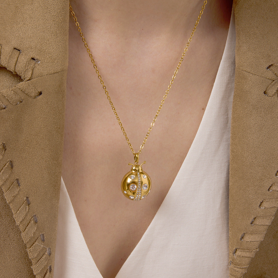 Gold Layered Necklace & Ladybug Earring Set - CZ Turquoise Statement Jewelry for Women