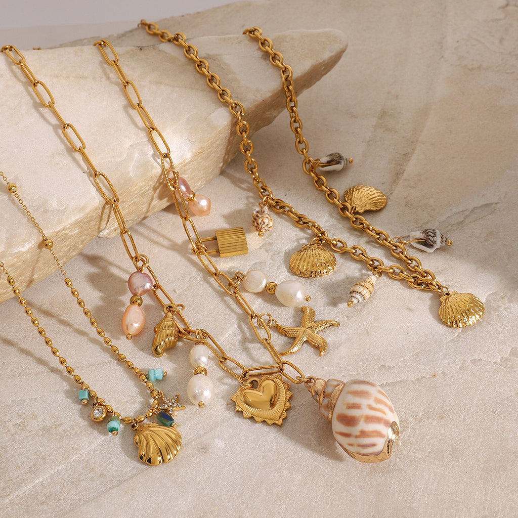 Gold Layered Ocean Theme Necklace Set - Shell/Starfish/Conch/Pearl Charms | Beach Nautical Statement Jewelry for Women