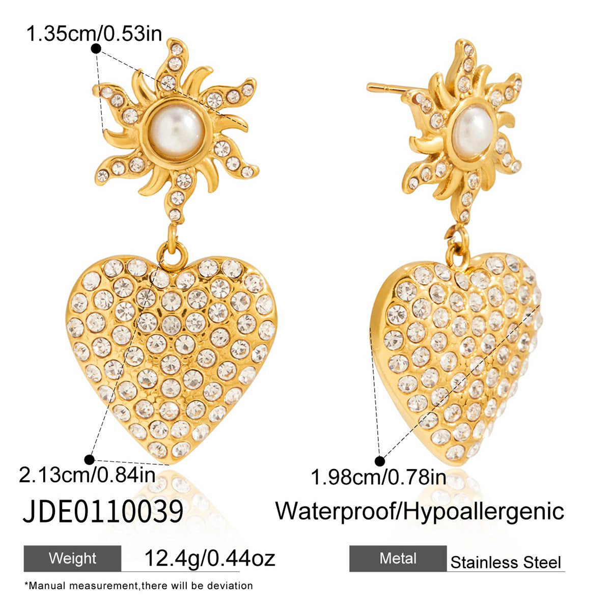 Sun & Heart CZ Pearl Gold Statement Earrings - Vintage-Inspired Sparkly Jewelry for Women