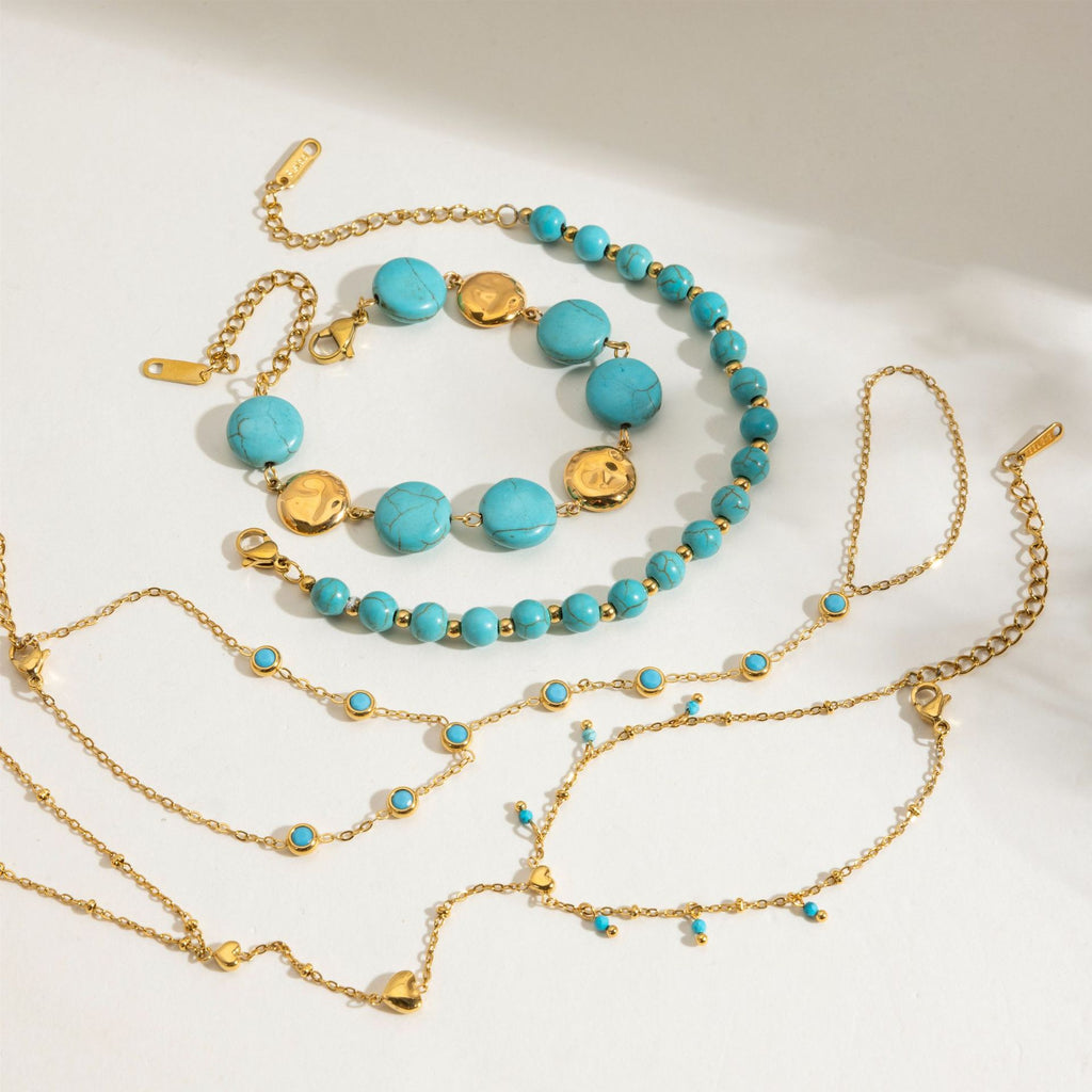 Turquoise & Gold Layered Boho Jewelry Set - Multi-Strand Bracelets (Chain/Beaded) & Statement Rings | Summer Casual Accessories for Women