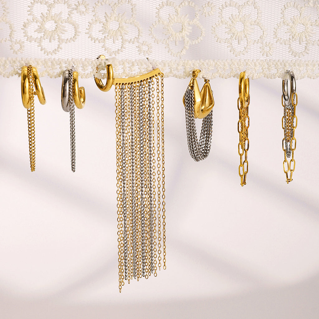 Gold Hoop Tassel CZ Dangle Earrings - Minimalist Long Chain Statement Jewelry for Women