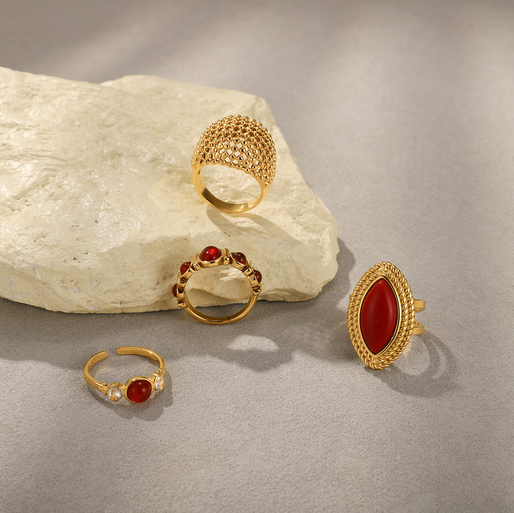 Gold Textured Red Gemstone Stackable Ring Set - Vintage Statement Jewelry for Women