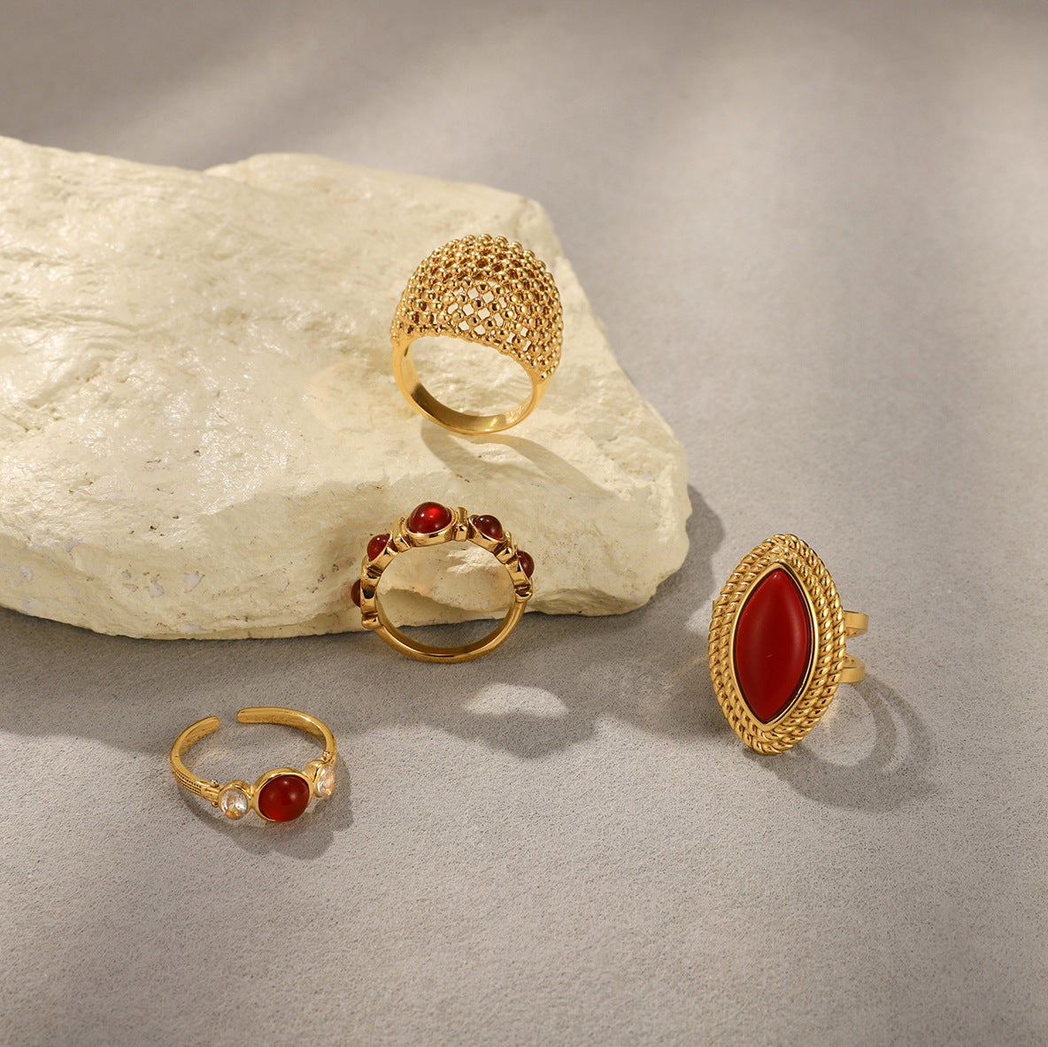 Gold Textured Red Gemstone Stackable Ring Set - Vintage Statement Jewelry for Women