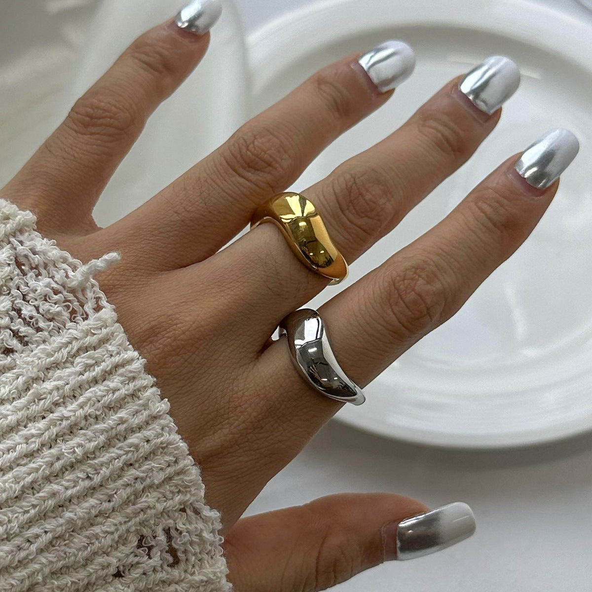 18K Gold-Plated & Silver-Tone Chunky Twisted Statement Rings | Stainless Steel Folded Texture Wide Band Rings | Trendy INS-Style Minimalist Bold Jewelry for Women | Versatile Daily Wear & Party Stackable Rings
